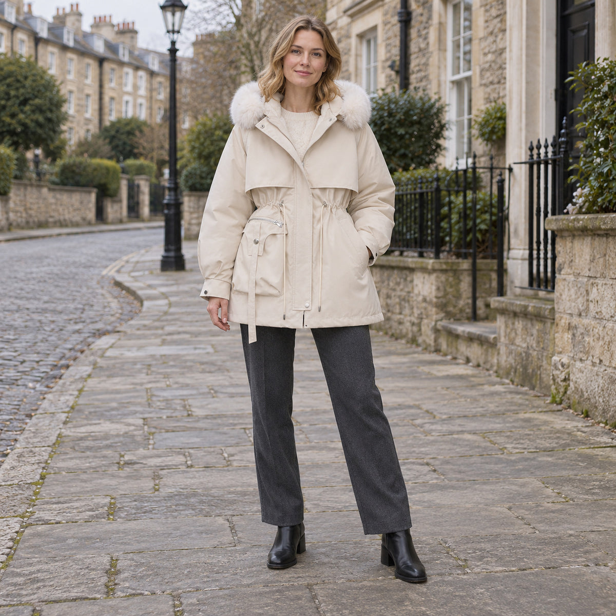 Adult woman wearing a cream hooded parka, charcoal trousers and black ankle boots on a British stone street, shown from head to both shoes.
