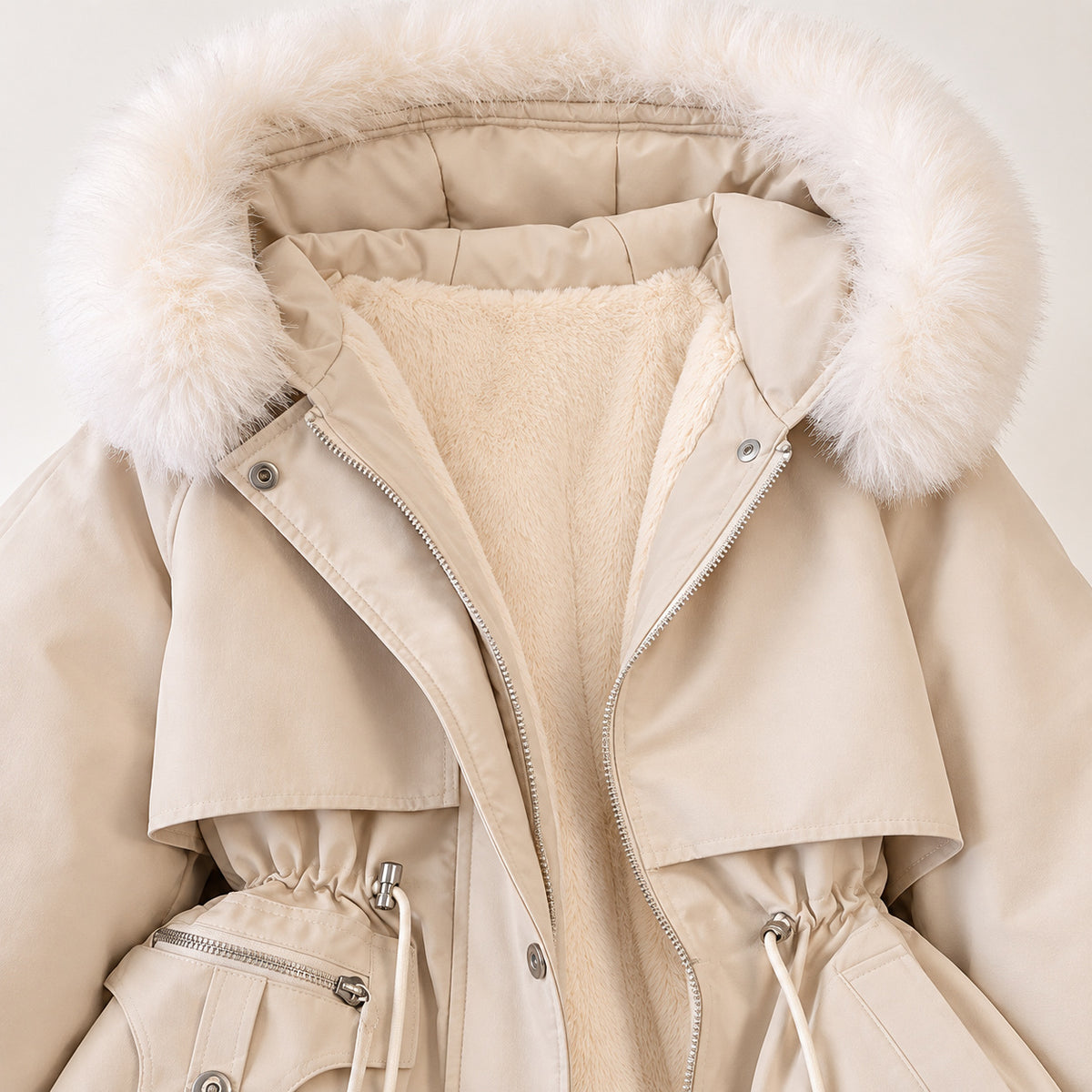 Close-up of the cream parka’s soft hood trim, fine plush lining, zip, snap fastenings and drawcord waist.