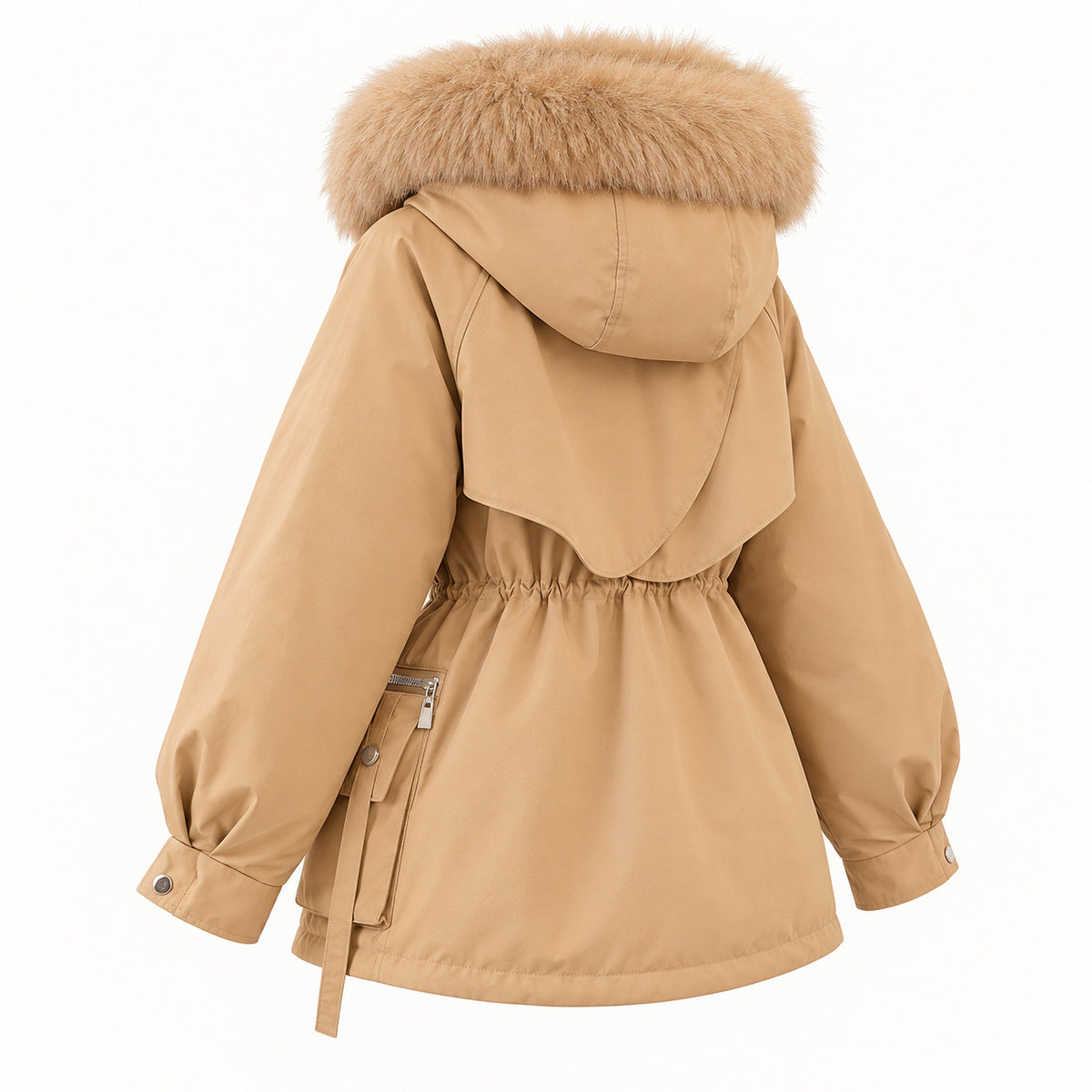 Rear three-quarter view of the khaki parka showing its rounded layered back yoke, hood and gathered waist.