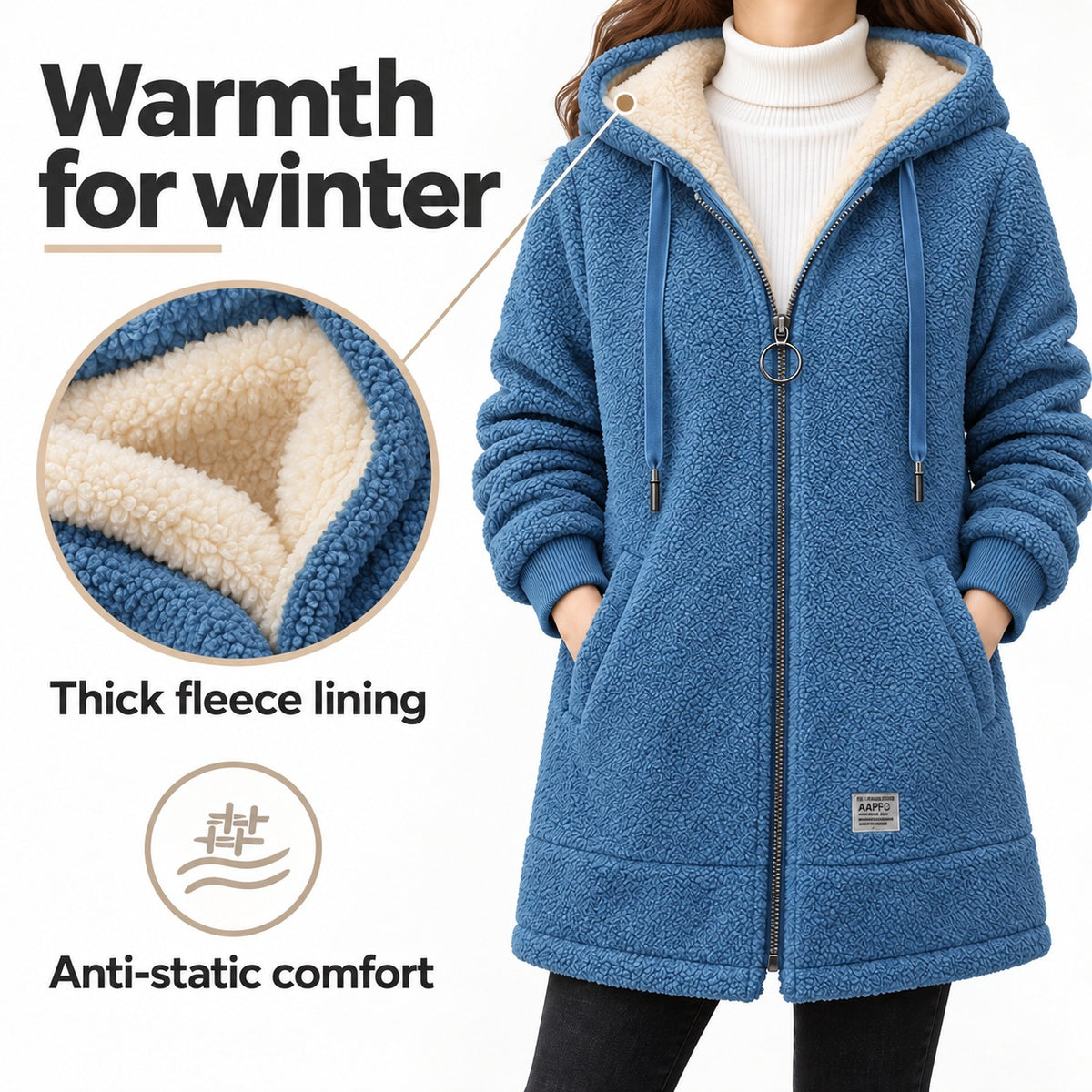 Blue sherpa hoodie feature image. Thick fleece lining and anti-static comfort.