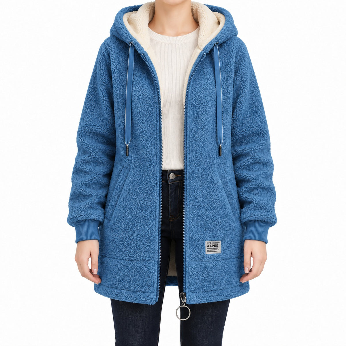Blue longline sherpa hoodie, face-free front view.