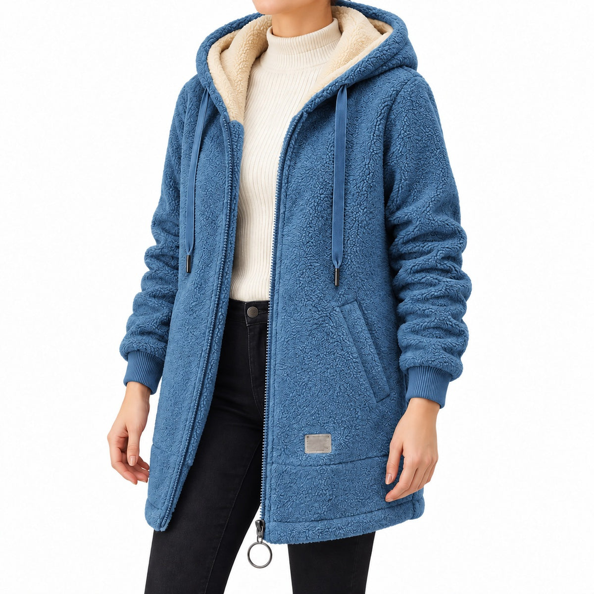 Blue longline sherpa hoodie, face-free angled view.