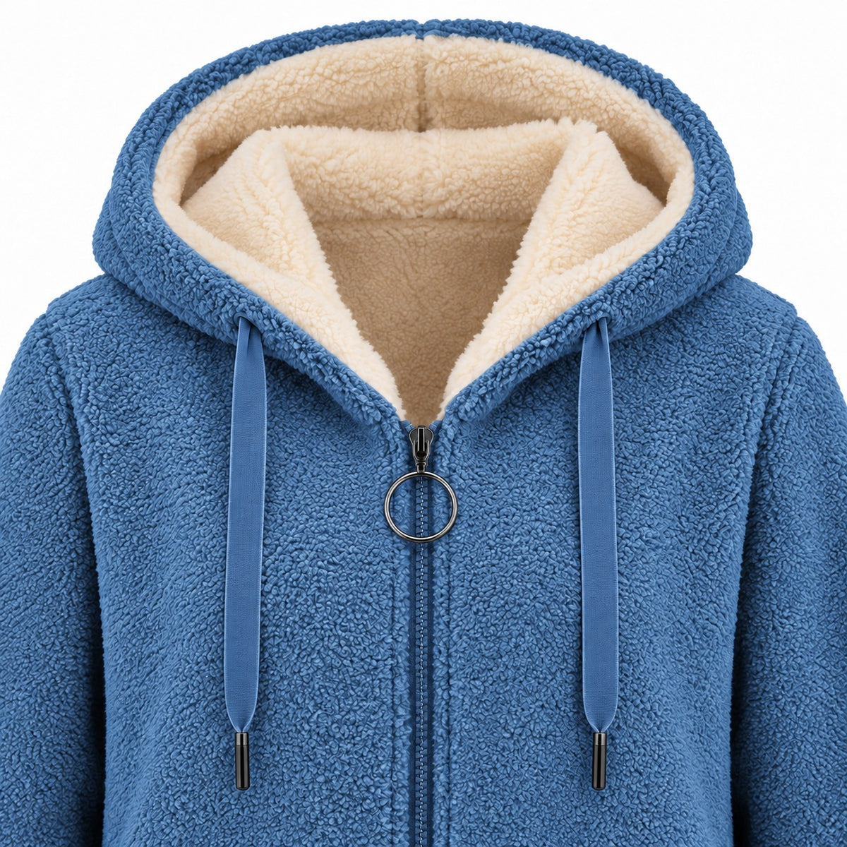 Blue longline sherpa hoodie, hood, cream lining, flat drawstrings and circular zipper pull detail.