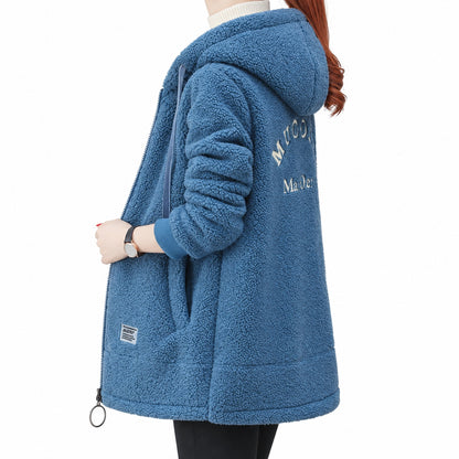 Blue sherpa hoodie, face-free side and partial-back view showing the hood and part of the cream back embroidery.