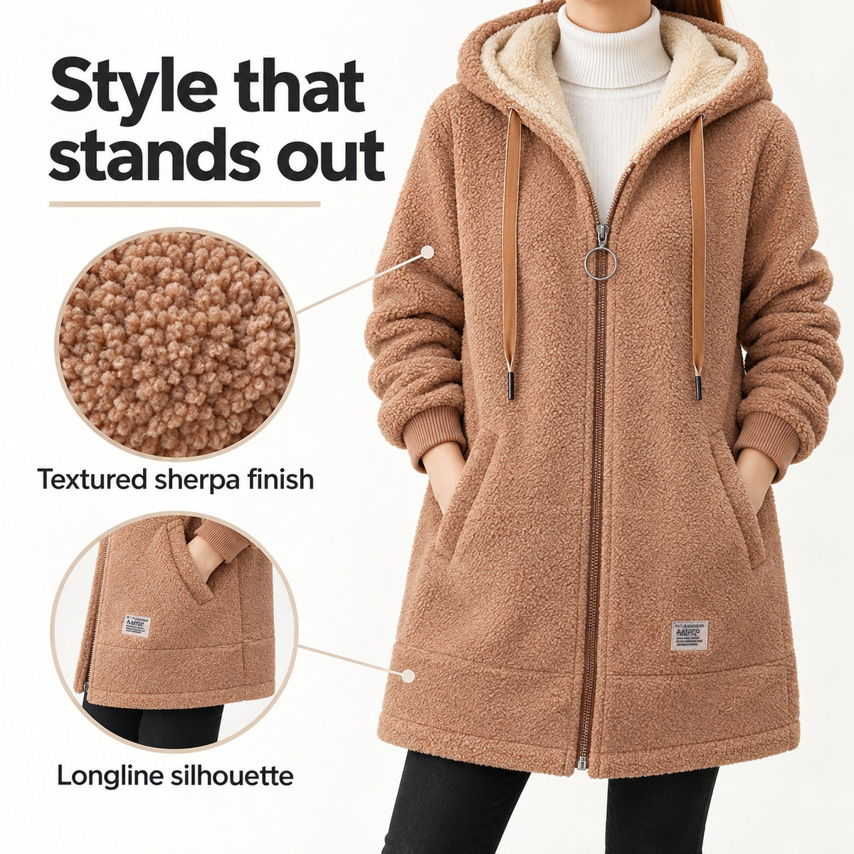 Brown sherpa hoodie feature image. Longline silhouette and textured sherpa finish.