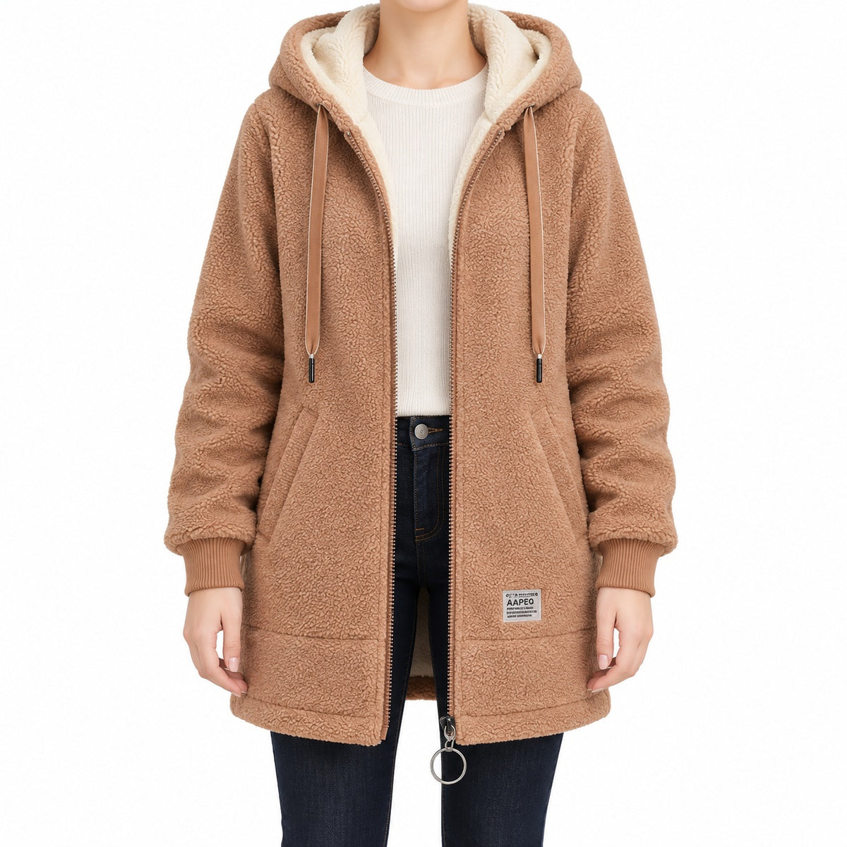 Brown longline sherpa hoodie, face-free front view.