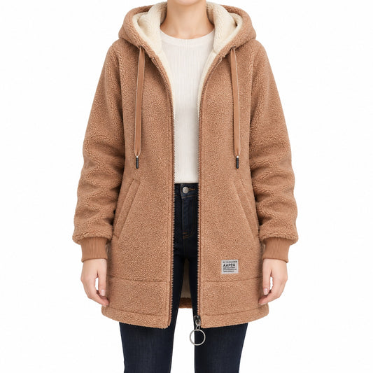 Brown longline sherpa hoodie, face-free front view.