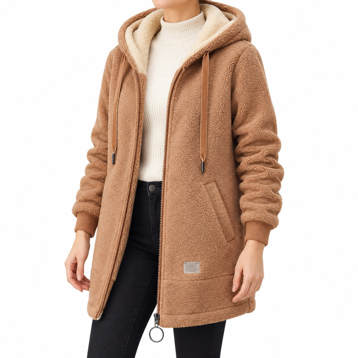 Brown longline sherpa hoodie, face-free angled view.