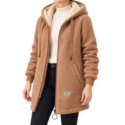 Brown longline sherpa hoodie, face-free angled view.
