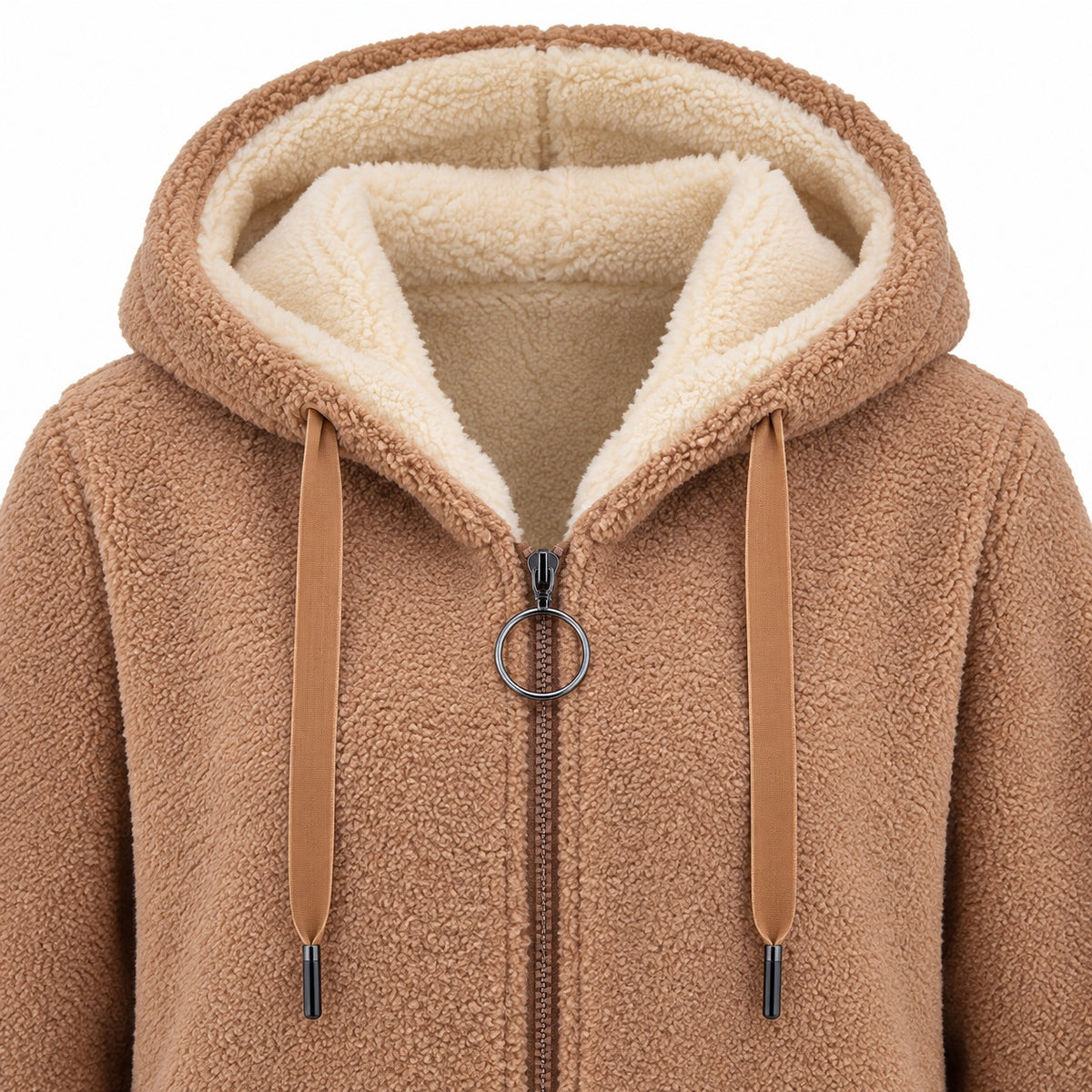 Brown longline sherpa hoodie, hood, cream lining, flat drawstrings and circular zipper pull detail.