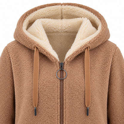 Brown longline sherpa hoodie, hood, cream lining, flat drawstrings and circular zipper pull detail.