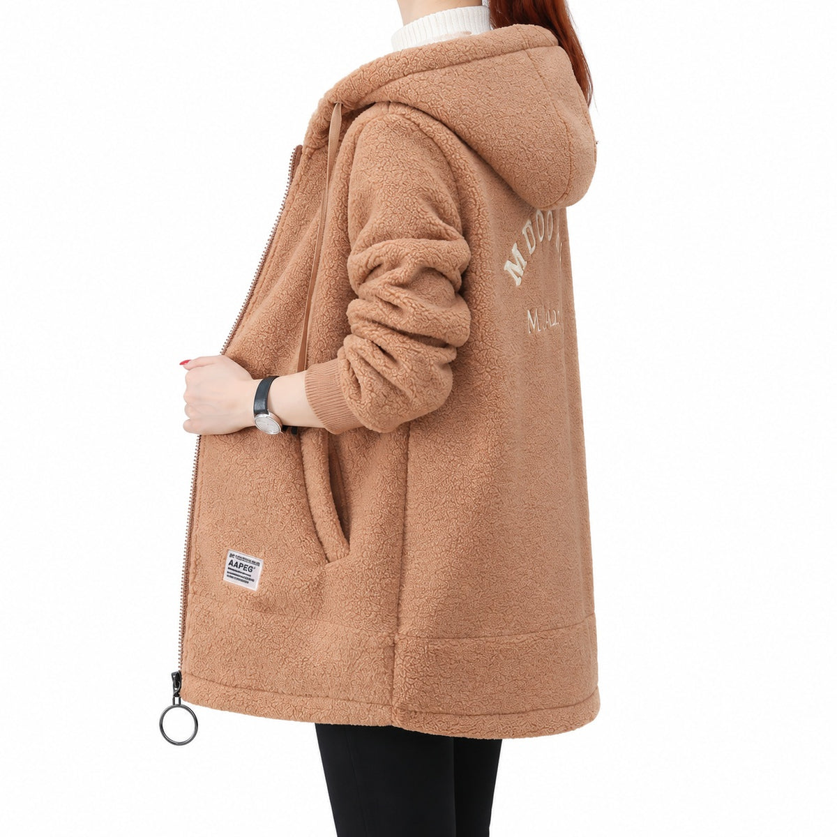 Brown sherpa hoodie, face-free side and partial-back view showing the hood and part of the cream back embroidery.