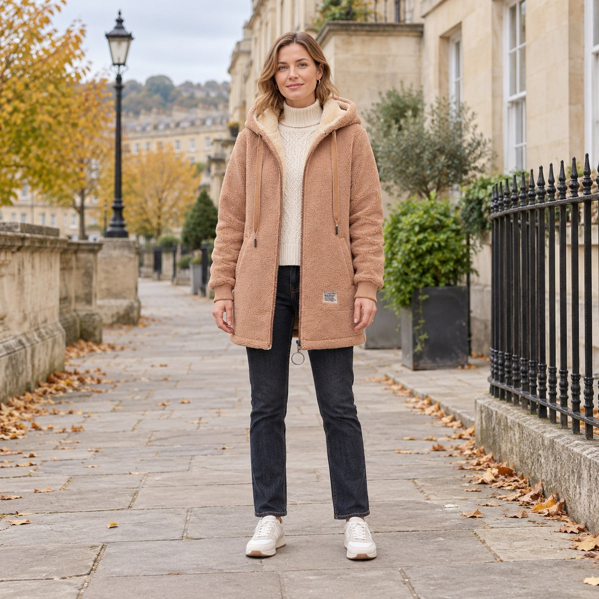 Woman in the brown longline sherpa hoodie, jeans and cream trainers at british stone street, shown from head through both shoes.