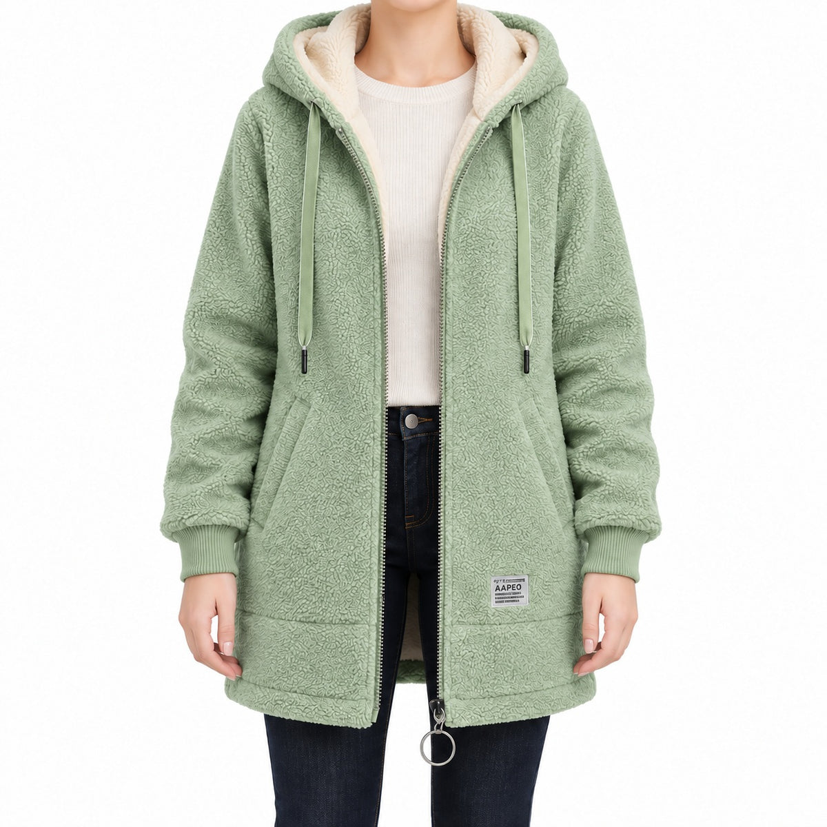 Green longline sherpa hoodie, face-free front view.