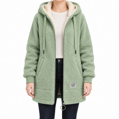 Green longline sherpa hoodie, face-free front view.