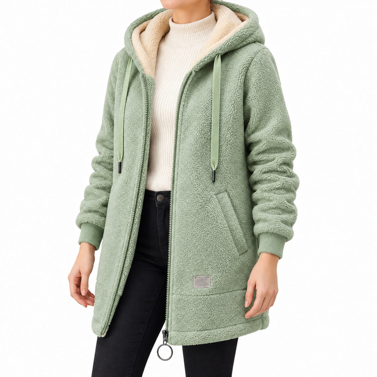 Green longline sherpa hoodie, face-free angled view.