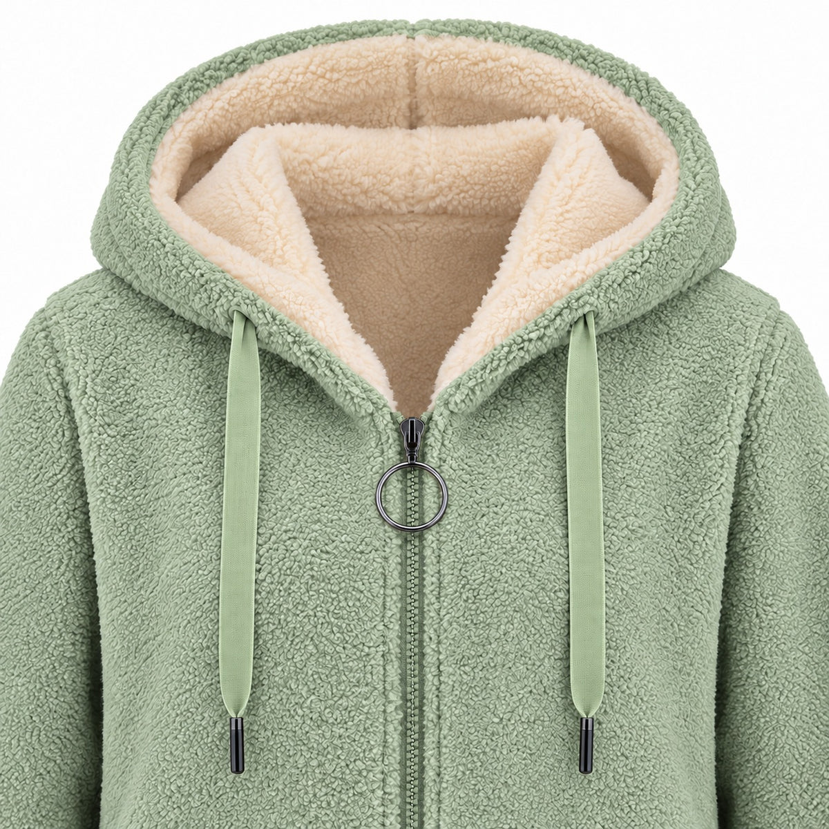 Green longline sherpa hoodie, hood, cream lining, flat drawstrings and circular zipper pull detail.