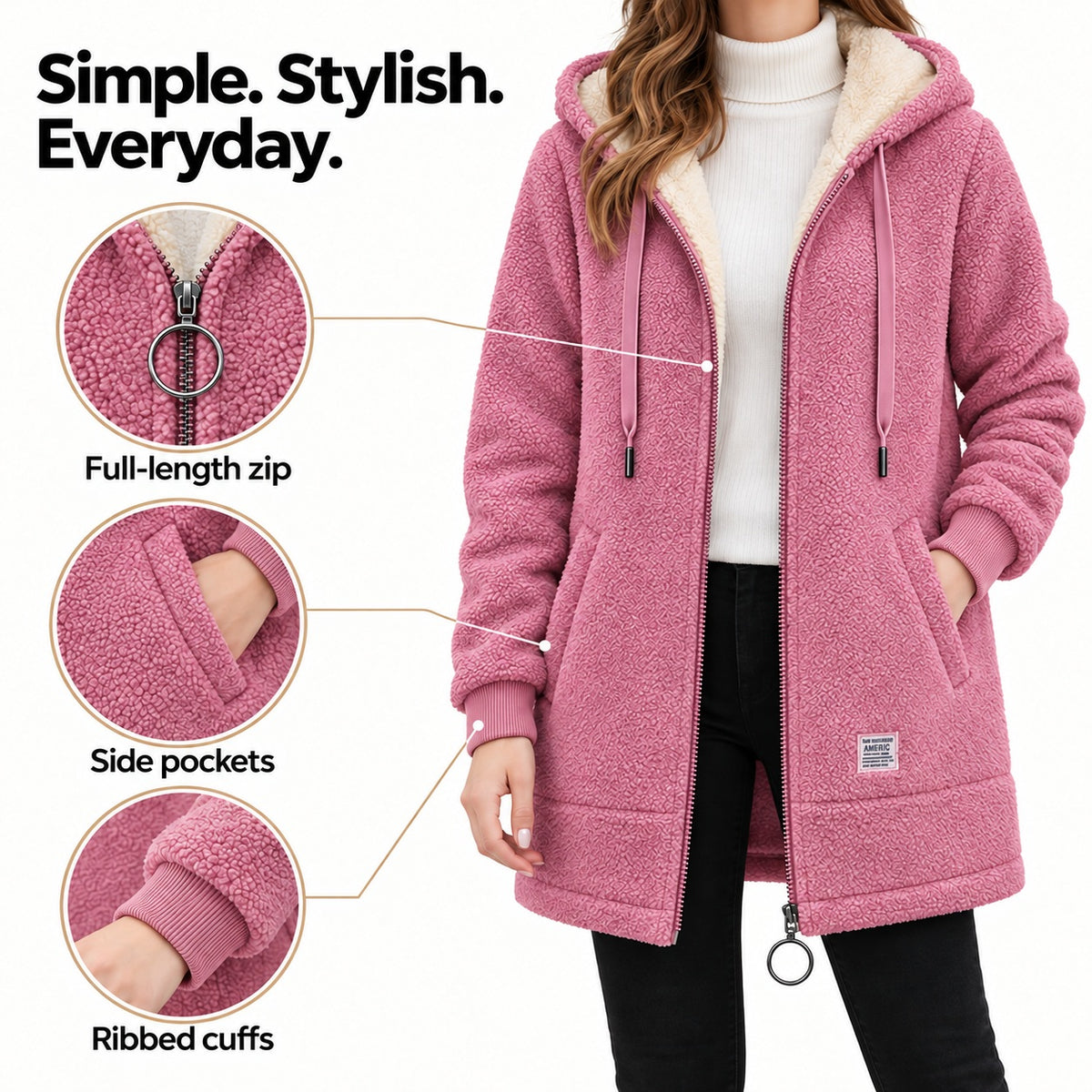 Pink sherpa hoodie feature image. Full-length zipper, side pockets and ribbed cuffs.
