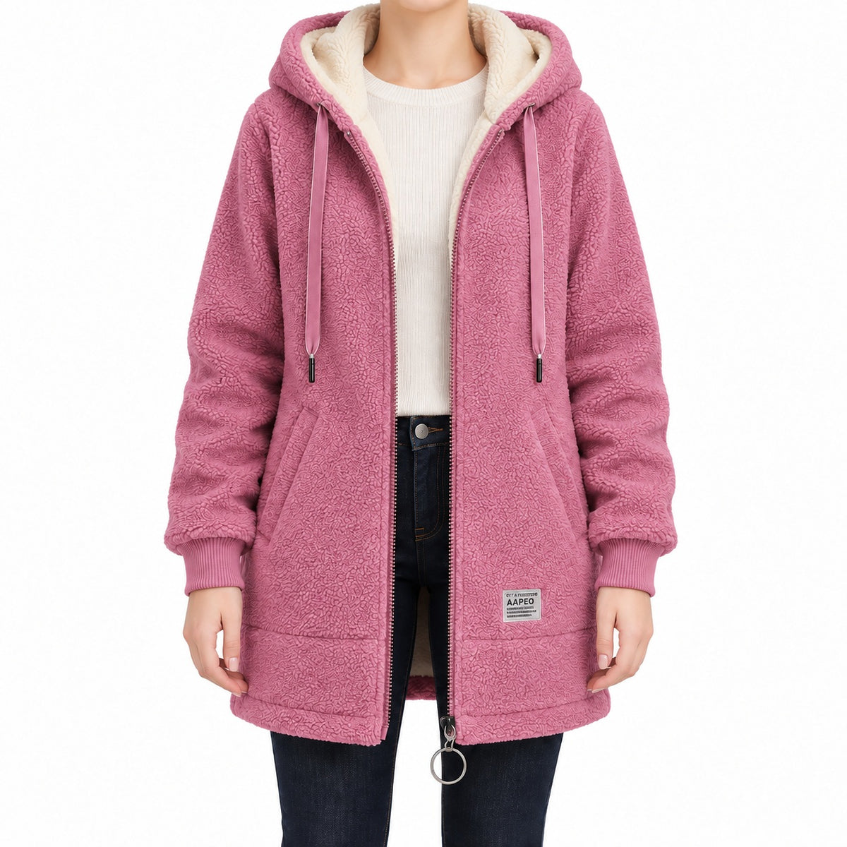 Pink longline sherpa hoodie, face-free front view.