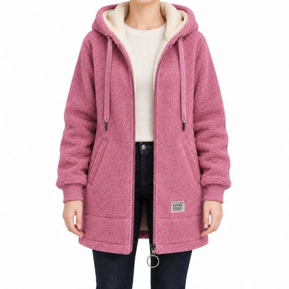 Pink longline sherpa hoodie, face-free front view.