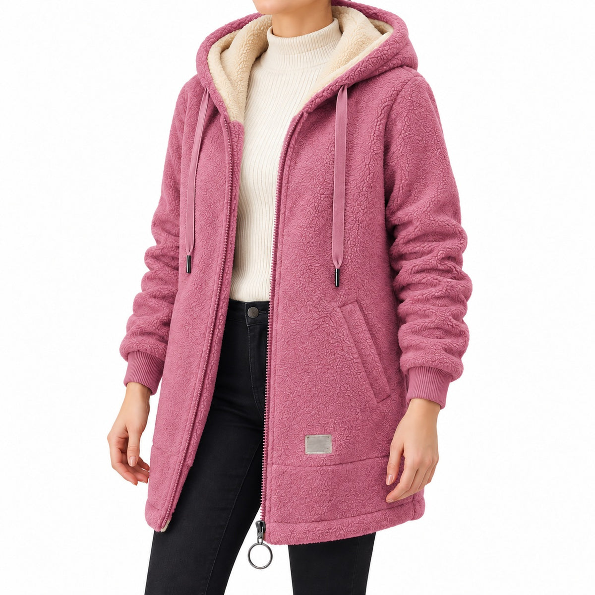 Pink longline sherpa hoodie, face-free angled view.