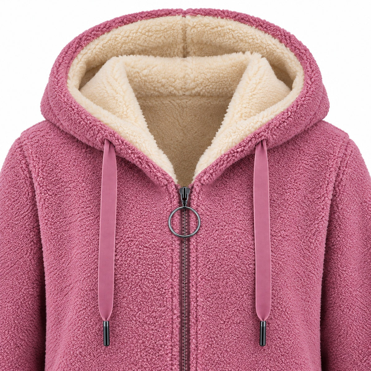 Pink longline sherpa hoodie, hood, cream lining, flat drawstrings and circular zipper pull detail.