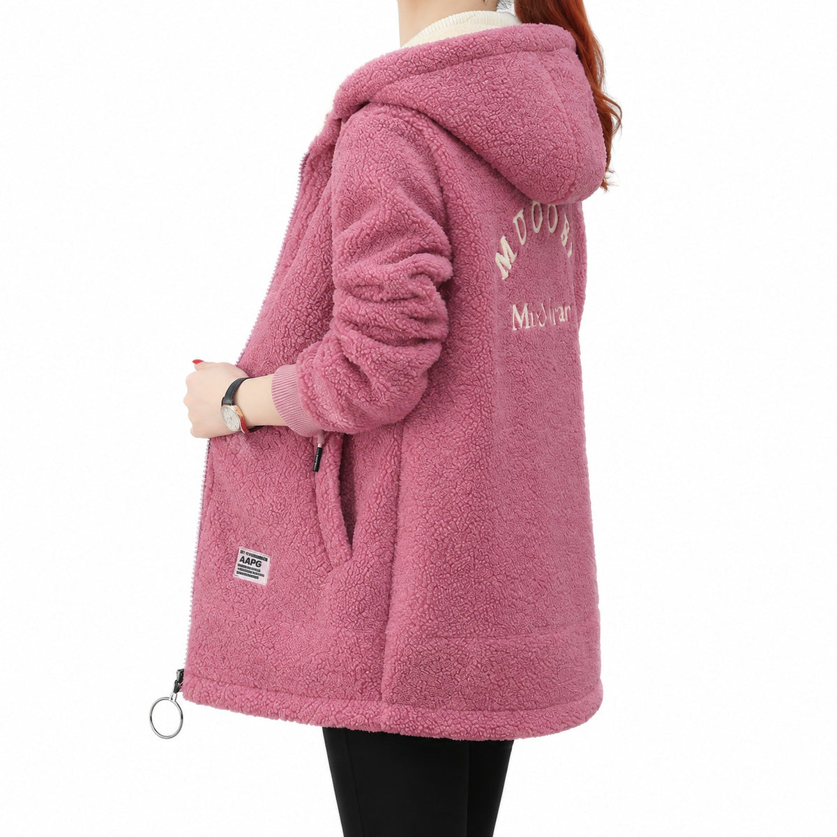 Pink sherpa hoodie, face-free side and partial-back view showing the hood and part of the cream back embroidery.