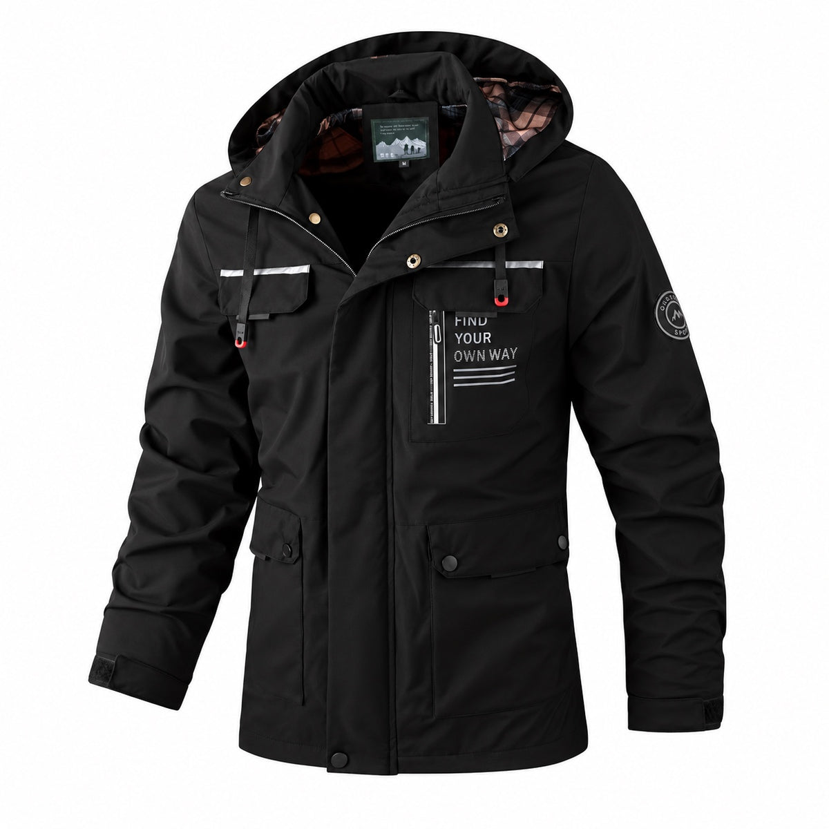 Black detachable-hood utility jacket, front three-quarter view.