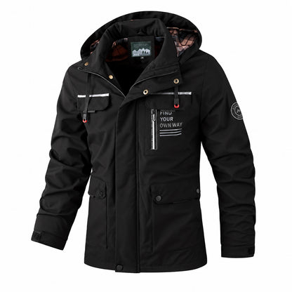 Black detachable-hood utility jacket, front three-quarter view.