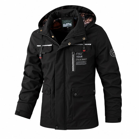 Black detachable-hood utility jacket, front three-quarter view.