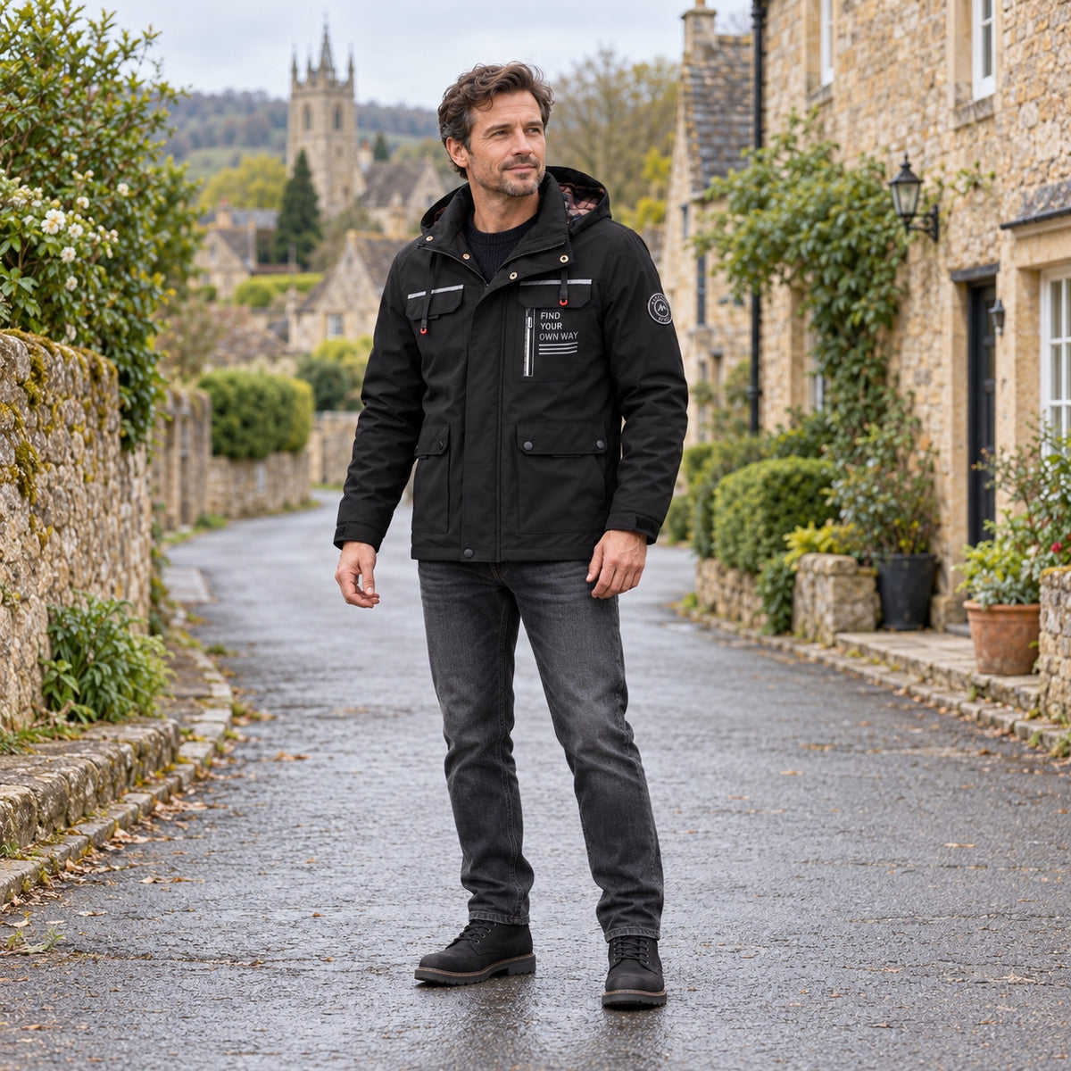 Man wearing the Black utility jacket in a full-body British village scene.