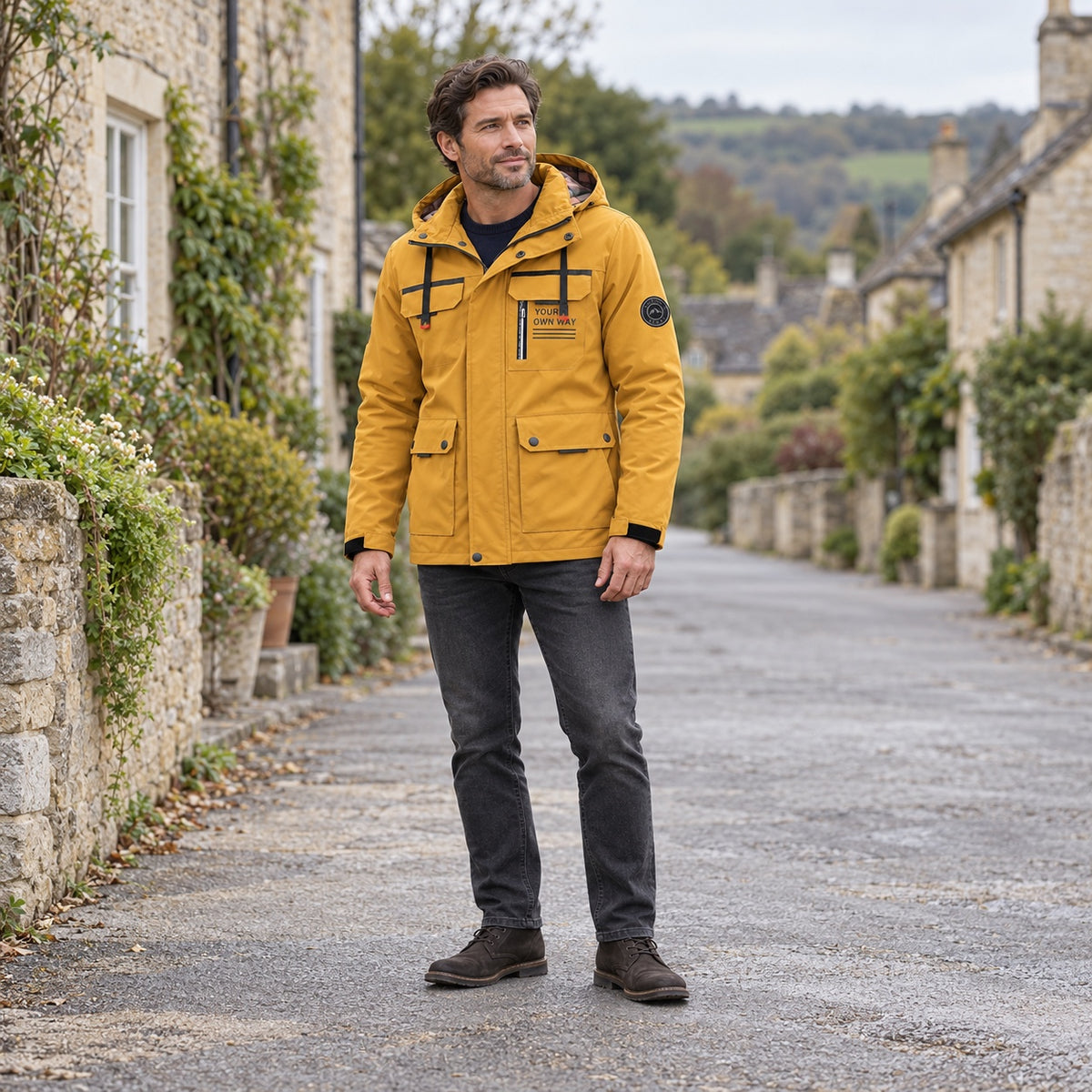 Man wearing the Ochre utility jacket in a full-body outdoor village scene.