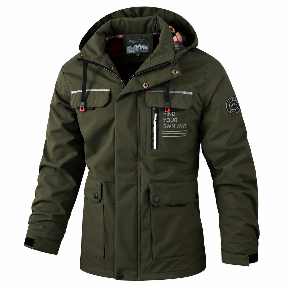 Olive detachable-hood utility jacket, front three-quarter view.