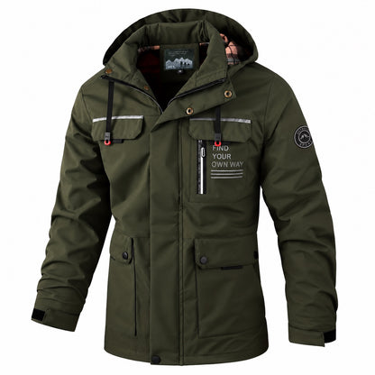 Olive detachable-hood utility jacket, front three-quarter view.