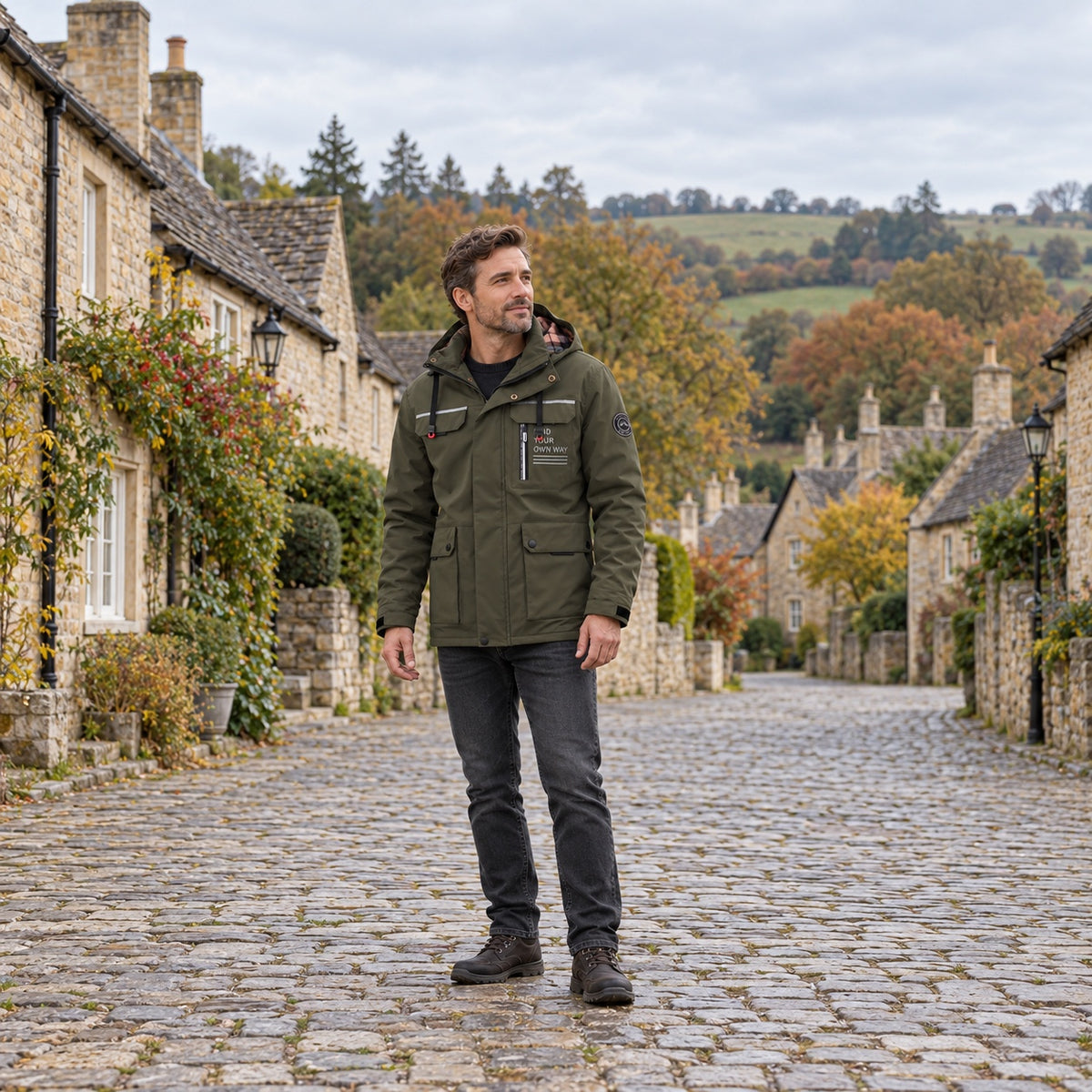 Man wearing the Olive utility jacket in a full-body stone village setting.