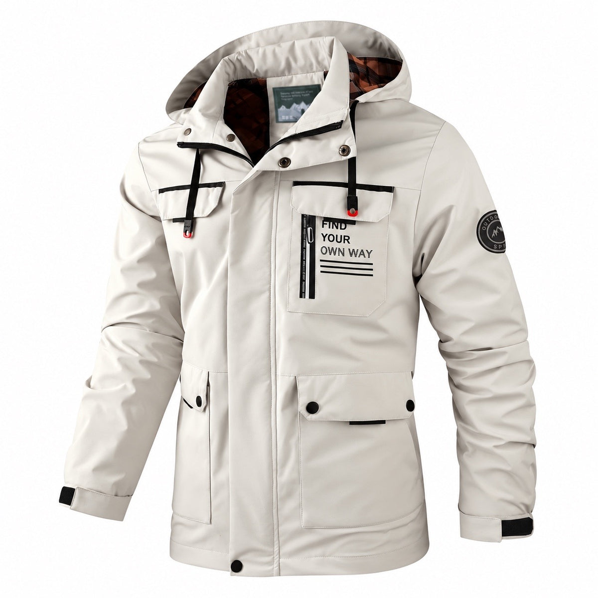 Stone detachable-hood utility jacket, front three-quarter view.