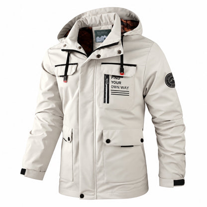 Stone detachable-hood utility jacket, front three-quarter view.