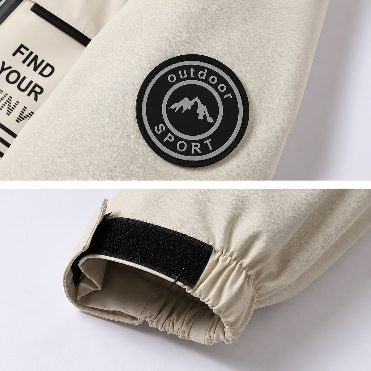 Separate close views of the Stone jacket mountain sleeve patch and adjustable hook-and-loop cuff.