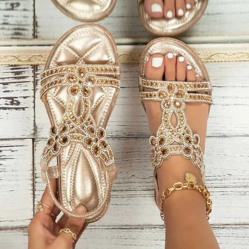 Gold rhinestone sandals for women, top-down on-foot view