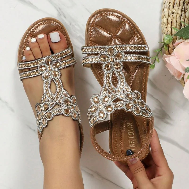 Bronze rhinestone sandals for women, close top-down on-foot view
