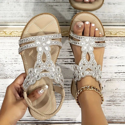 Beige and silver embellished slingback sandals, top-down pair view