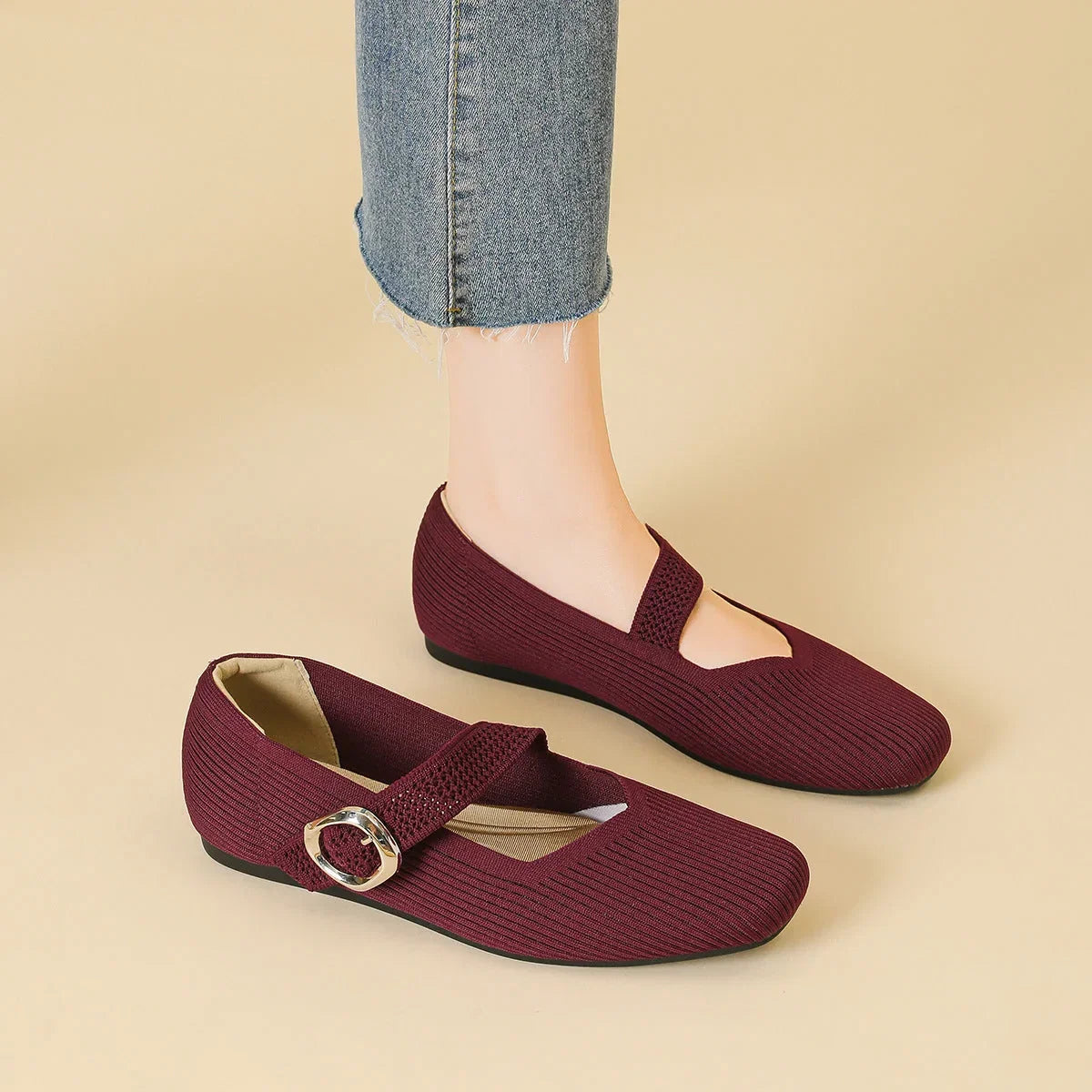 Women's burgundy square toe Mary Jane flats shown from above and on foot