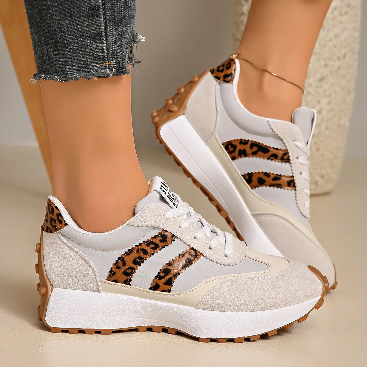 Women's cream walking trainers with leopard-print side accents