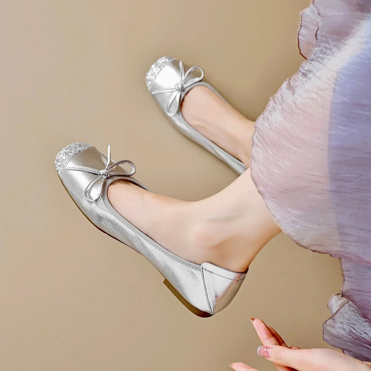 Women's Mary Jane flats in Silver Glitter product view