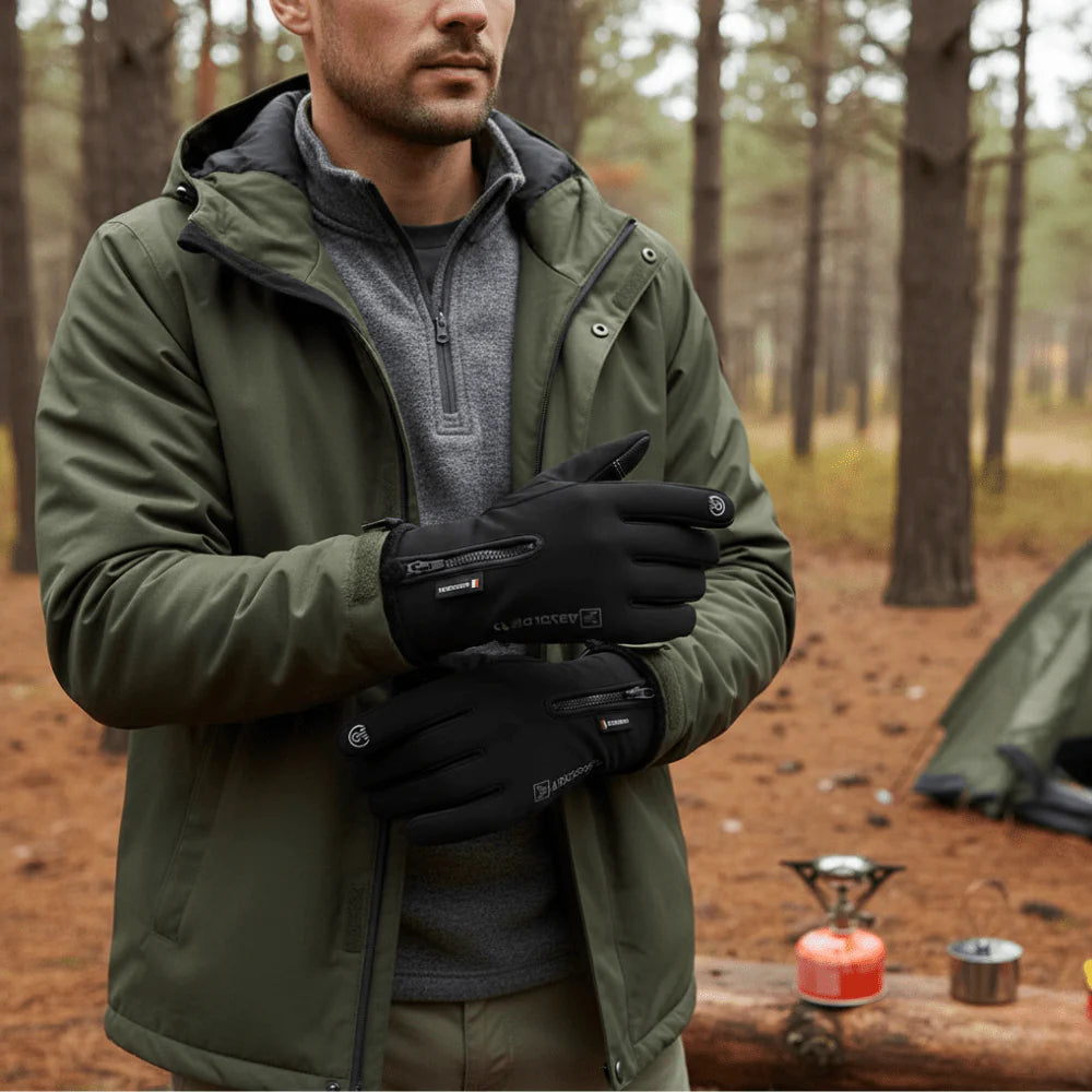 Winter touchscreen gloves – black gloves worn on a winter walk