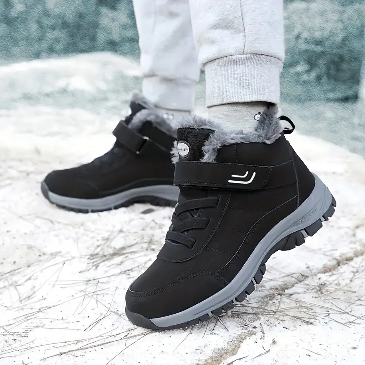 Black fleece-lined winter boots worn outdoors on frosty ground