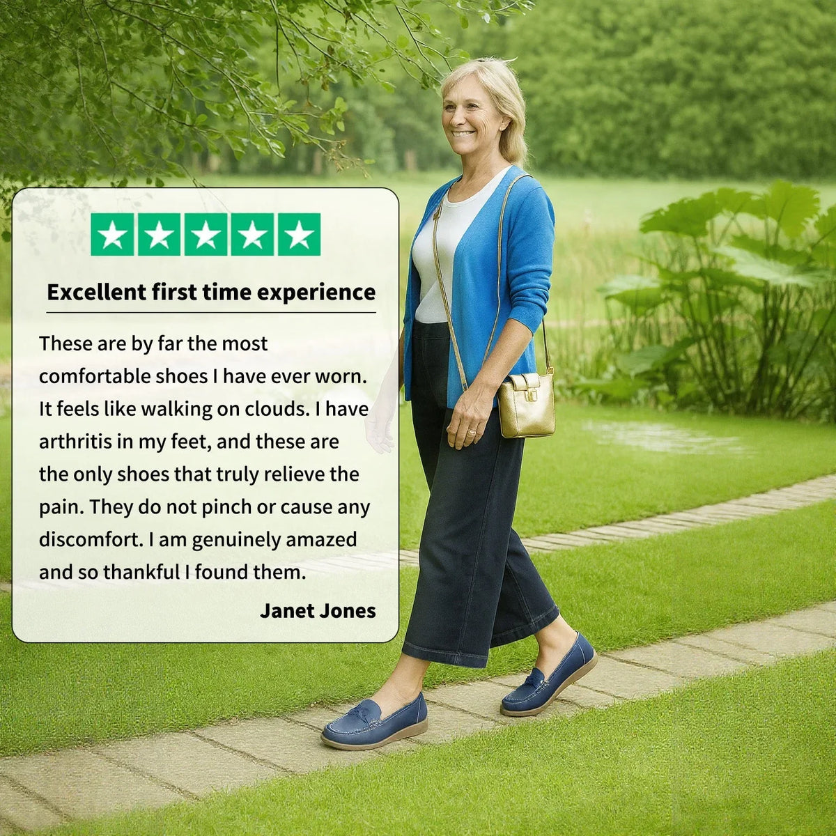 Woman wearing navy wide fit slip-on loafers on a park path
