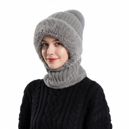 Three-in-one fleece-lined winter hood – grey hood worn indoors