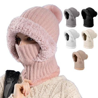 Three-in-one fleece-lined winter hood – pink hood worn with face cover raised