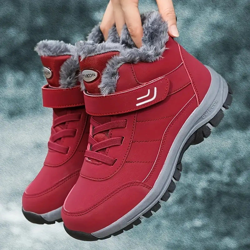 Red winter boots showing the adjustable ankle straps
